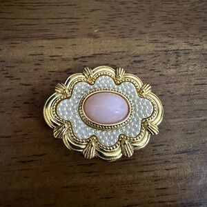 Avon Gold and Cream Brooch with Pink Accent